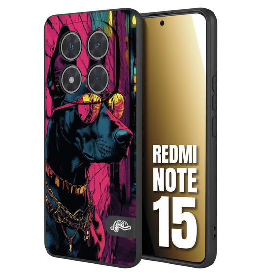 CUSTOMIZZA - Custodia cover nera morbida in tpu compatibile per Xiaomi Redmi Note 15 animali cyberpunk dobermann cane street dog fucsia blu