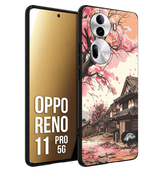 CUSTOMIZZA - Custodia cover nera morbida in tpu compatibile per Oppo Reno 11 PRO 5G casa giapponese rosa ciliegio in fiore disegnata tattoo