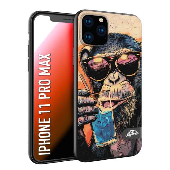 CUSTOMIZZA - Custodia cover nera morbida in tpu compatibile per iPhone 11 PRO MAX estate disegnata cocktails animali simpatici scimmia monkey negroni