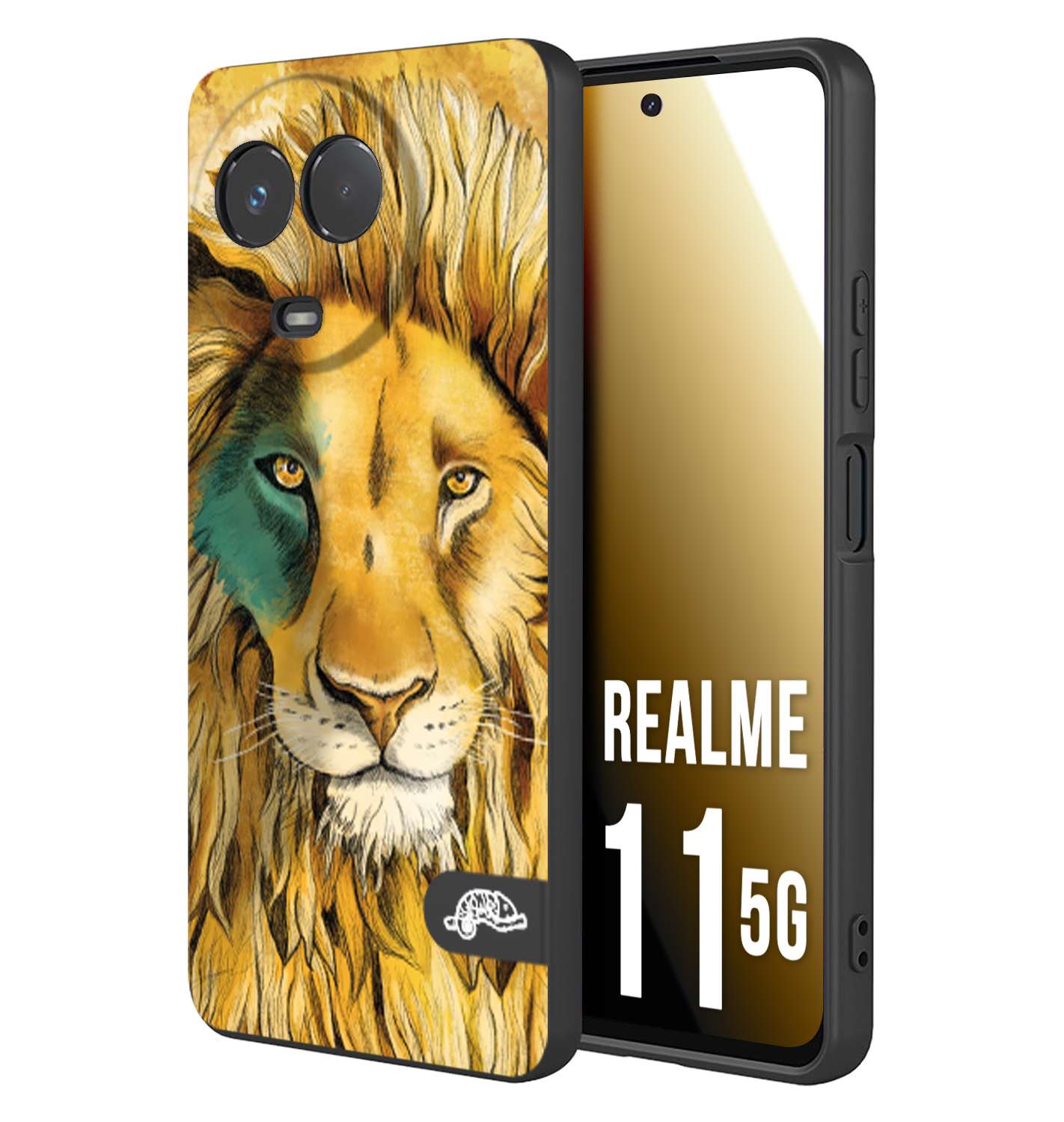 CUSTOMIZZA - Custodia cover nera morbida in tpu compatibile per Oppo Realme 11 5G leone lion disegnato a mano giallo blu a rilievo artistico brown