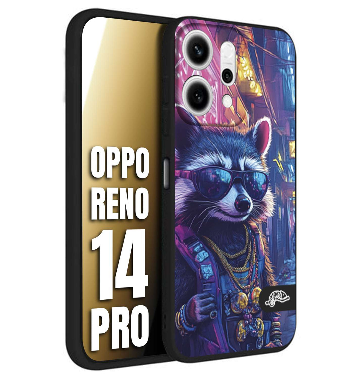 CUSTOMIZZA - Custodia cover nera morbida in tpu compatibile per Oppo Reno 14 PRO animali simpatici cyberpunk procione racoon street cat fucsia blu giallo