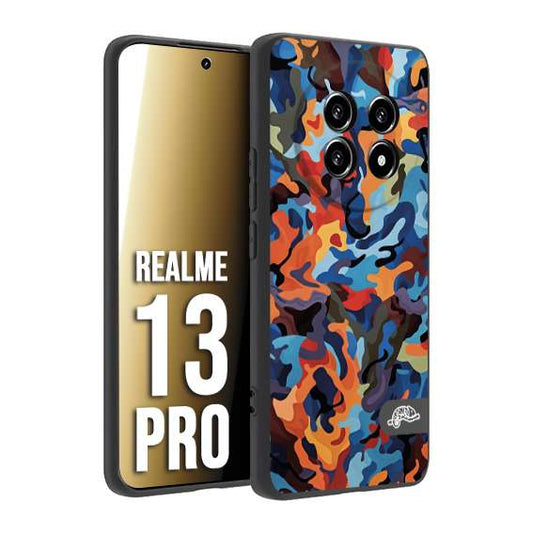 CUSTOMIZZA - Custodia cover nera morbida in tpu compatibile per Realme 13 PRO camouflage mimetico militare moderno blu arancio rosso