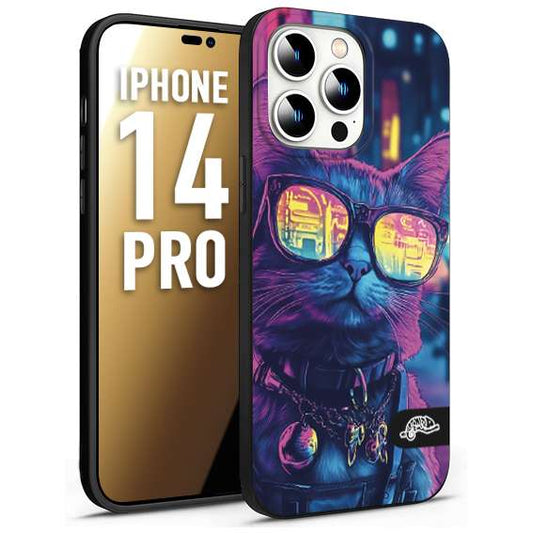 CUSTOMIZZA - Custodia cover nera morbida in tpu compatibile per iPhone 14 PRO animali cyberpunk gatto street cat fucsia blu giallo