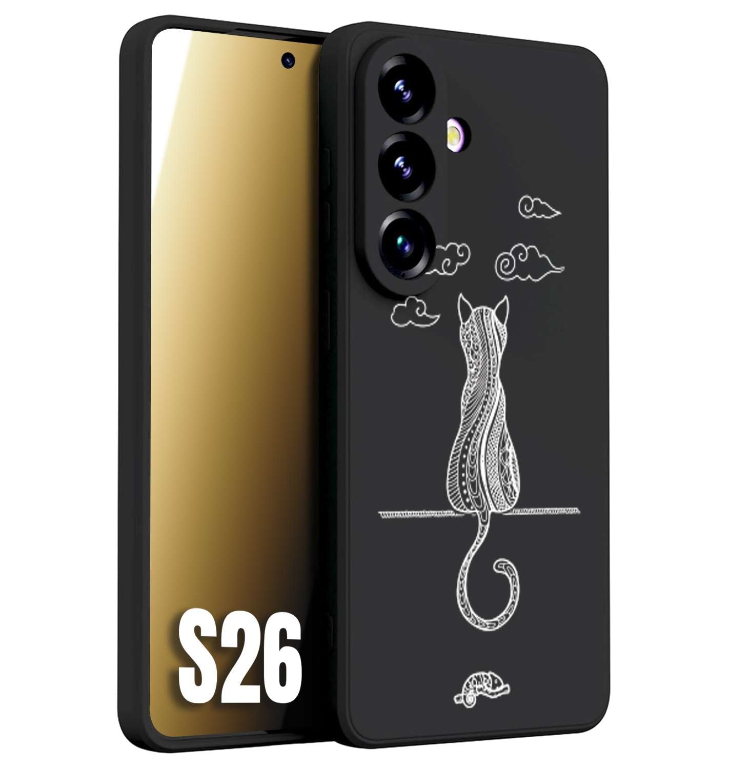 CUSTOMIZZA - Custodia cover nera morbida in tpu compatibile per Samsung S26 gatto mandala stilizzato gattino a rilievo soft touch donna bianca