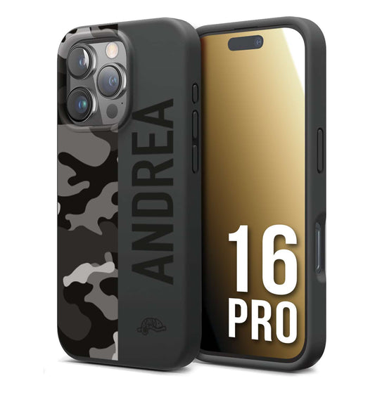 CUSTOMIZZA - Custodia cover nera morbida in tpu compatibile per iPhone 16 PRO camouflage mimetico militare personalizzata nome