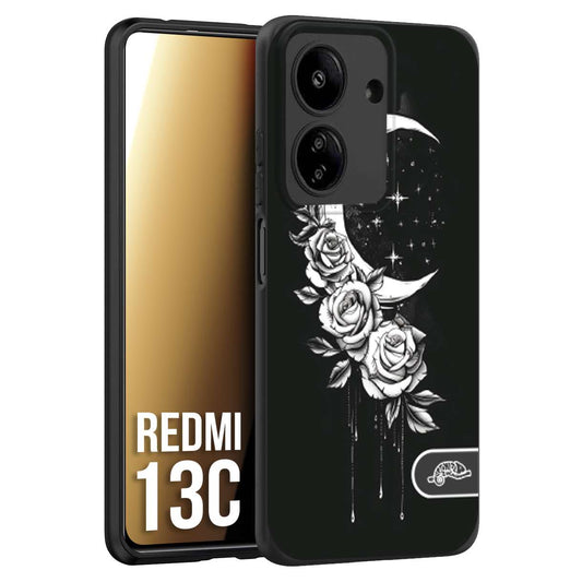 CUSTOMIZZA - Custodia cover nera morbida in tpu compatibile per Xiaomi Redmi 13C luna e fiori moon flowers black and white bianco a rilievo disegnato tattoo tatuaggio