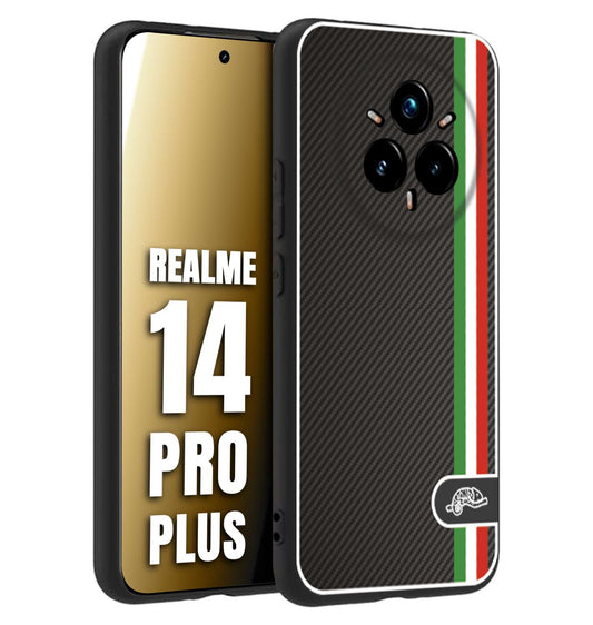 CUSTOMIZZA - Custodia cover nera morbida in tpu compatibile per Realme 14 PRO PLUS effetto fibra di carbonio bandiera Italia made in Italy