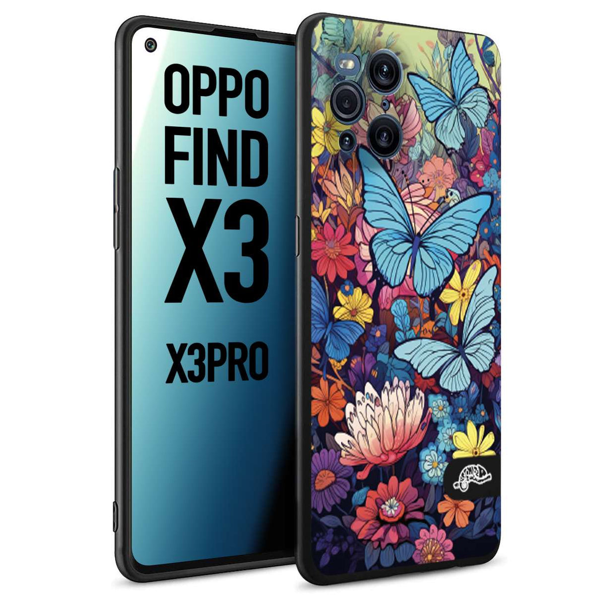 CUSTOMIZZA - Custodia cover nera morbida in tpu compatibile per Oppo Find X3 - Find X3 Pro 5G farfalle butterfly moderno donna disegnate gialla blu rosa
