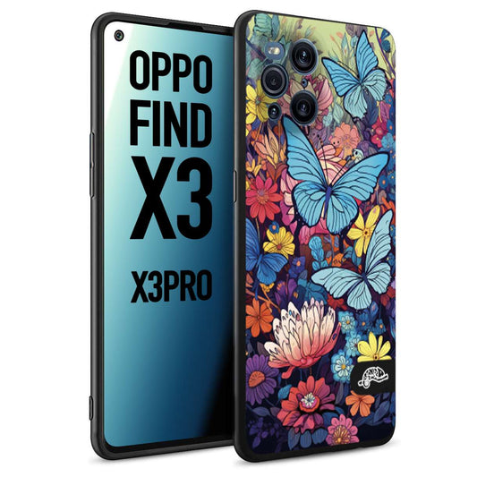 CUSTOMIZZA - Custodia cover nera morbida in tpu compatibile per Oppo Find X3 - Find X3 Pro 5G farfalle butterfly moderno donna disegnate gialla blu rosa