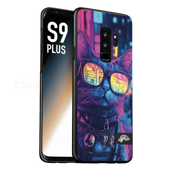 CUSTOMIZZA - Custodia cover nera morbida in tpu compatibile per Samsung S9 PLUS animali cyberpunk gatto street cat fucsia blu giallo