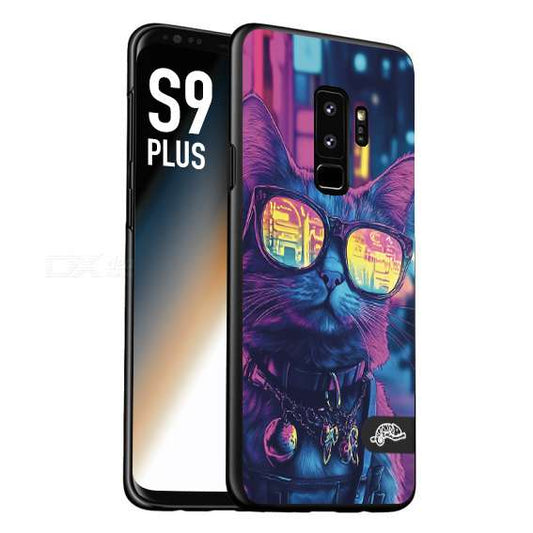CUSTOMIZZA - Custodia cover nera morbida in tpu compatibile per Samsung S9 PLUS animali cyberpunk gatto street cat fucsia blu giallo