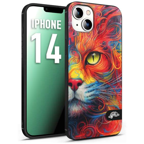 CUSTOMIZZA - Custodia cover nera morbida in tpu compatibile per iPhone 14 animali color cat gatto viso colori vibranti disegnato schizzo