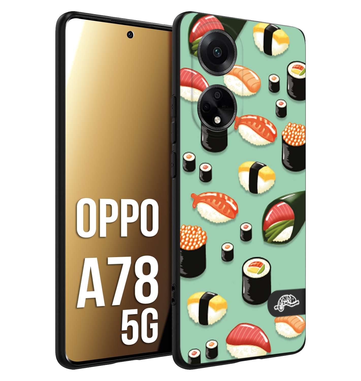 CUSTOMIZZA - Custodia cover nera morbida in tpu compatibile per Oppo A78 5G sushi disegni giapponese nighiri acquamarina verde