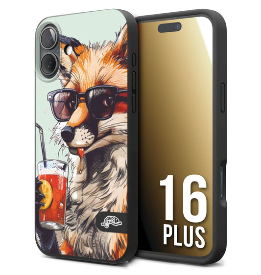 CUSTOMIZZA - Custodia cover nera morbida in tpu compatibile per iPhone 16 PLUS estate disegnata cocktails animali simpatici fox volpe negroni