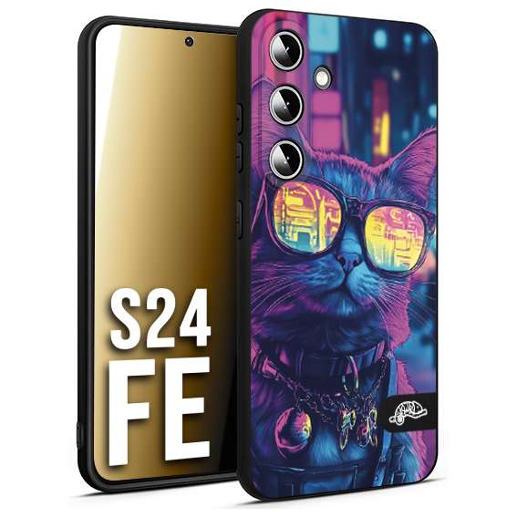 CUSTOMIZZA - Custodia cover nera morbida in tpu compatibile per Samsung S24 FE animali cyberpunk gatto street cat fucsia blu giallo