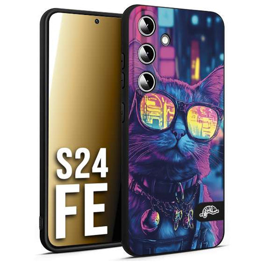 CUSTOMIZZA - Custodia cover nera morbida in tpu compatibile per Samsung S24 FE animali cyberpunk gatto street cat fucsia blu giallo