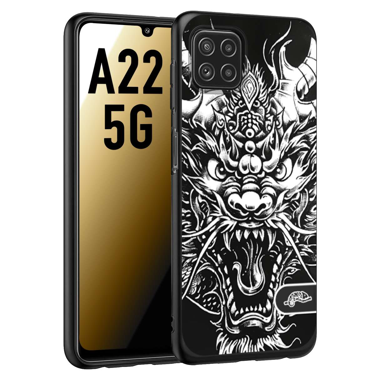 CUSTOMIZZA - Custodia cover nera morbida in tpu compatibile per Samsung A22 5G drago black and white bianco a rilievo disegnato tattoo tatuaggio