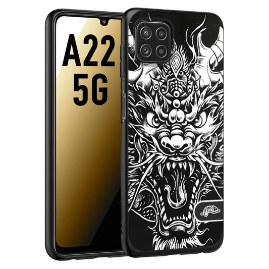 CUSTOMIZZA - Custodia cover nera morbida in tpu compatibile per Samsung A22 5G drago black and white bianco a rilievo disegnato tattoo tatuaggio