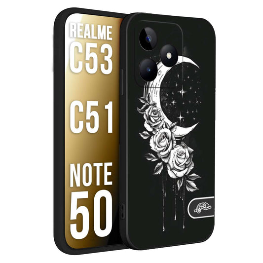 CUSTOMIZZA - Custodia cover nera morbida in tpu compatibile per Oppo Realme C53 - C51 - NOTE 50 luna e fiori moon flowers black and white bianco a rilievo disegnato tattoo tatuaggio