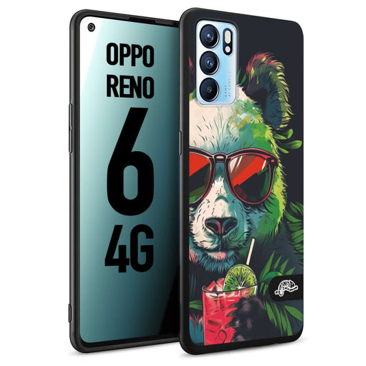 CUSTOMIZZA - Custodia cover nera morbida in tpu compatibile per Oppo Reno 6 4G estate disegnata cocktails animali simpatici panda mojito