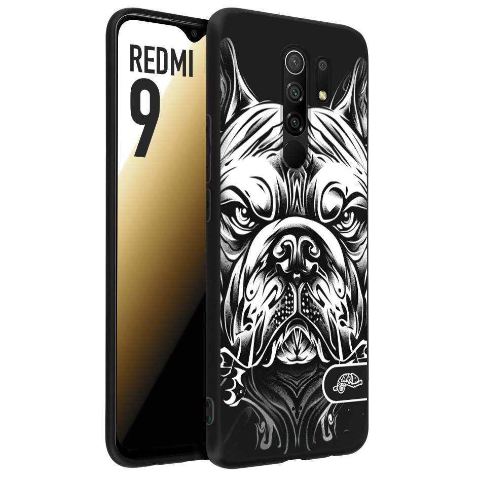 CUSTOMIZZA - Custodia cover nera morbida in tpu compatibile per Xiaomi Redmi 9 bulldog bianco a rilievo disegnato tattoo tatuaggio