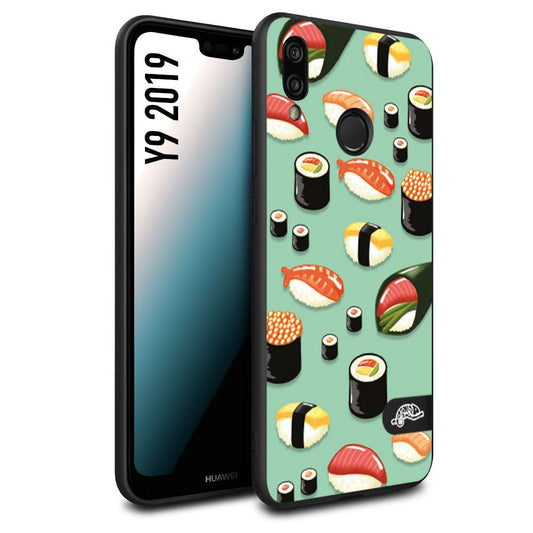 CUSTOMIZZA - Custodia cover nera morbida in tpu compatibile per Huawei Y9 2019 sushi disegni giapponese nighiri acquamarina verde