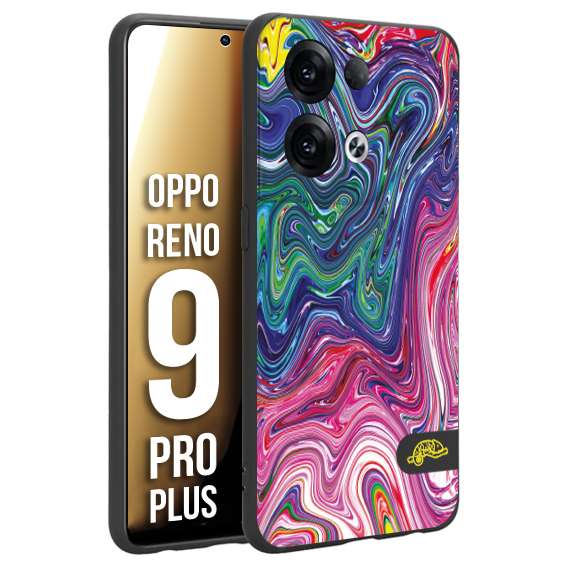 CUSTOMIZZA - Custodia cover nera morbida in tpu compatibile per Oppo Reno 9 PRO PLUS colorata fantasia vortice marmo arcobaleno rosa blu fucsia