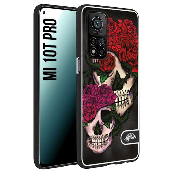 CUSTOMIZZA - Custodia cover nera morbida in tpu compatibile per Xiaomi Mi 10T PRO teschi e rose rosse fucsia skull and roses