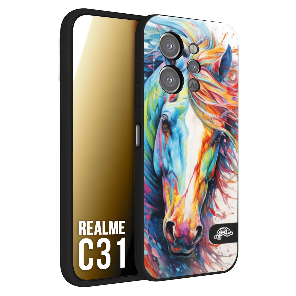 CUSTOMIZZA - Custodia cover nera morbida in tpu compatibile per Oppo Realme C31 animali color cavallo horse viso colori vibranti disegnato schizzo