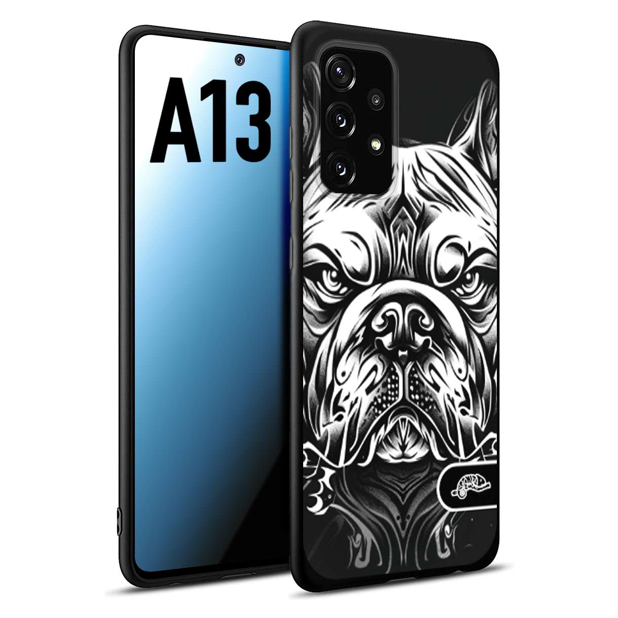 CUSTOMIZZA - Custodia cover nera morbida in tpu compatibile per Samsung A13 bulldog bianco a rilievo disegnato tattoo tatuaggio