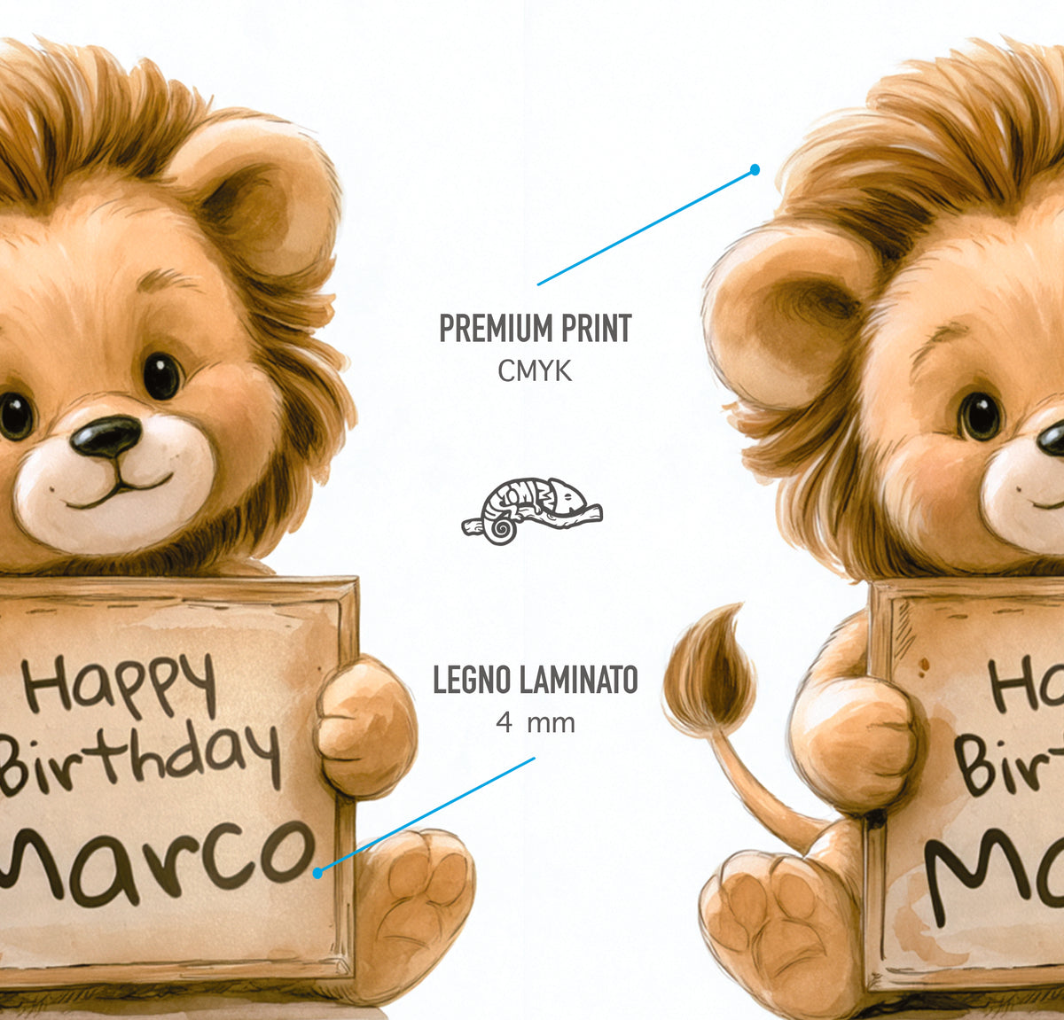 Quadro Sagomato in Legno MDF 4 mm Personalizzato con Nome per Foto Decorazione Torta e Tavolo Festa di Compleanno Fatto a Mano Design Leone Peluche