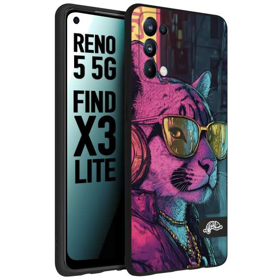CUSTOMIZZA - Custodia cover nera morbida in tpu compatibile per Oppo Reno 5 5G animali cyberpunk pantera street cat fucsia blu giallo