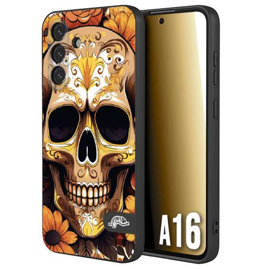 CUSTOMIZZA - Custodia cover nera morbida in tpu compatibile per Samsung A16 teschio messicano colorato dorato fiori tattoo disegnato