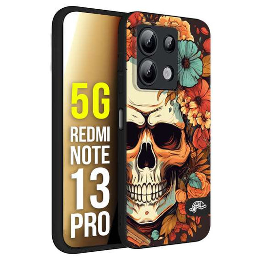 CUSTOMIZZA - Custodia cover nera morbida in tpu compatibile per Xiaomi Redmi Note 13 PRO 5G teschio skull flowers fiori autunnali arancio celeste tattoo