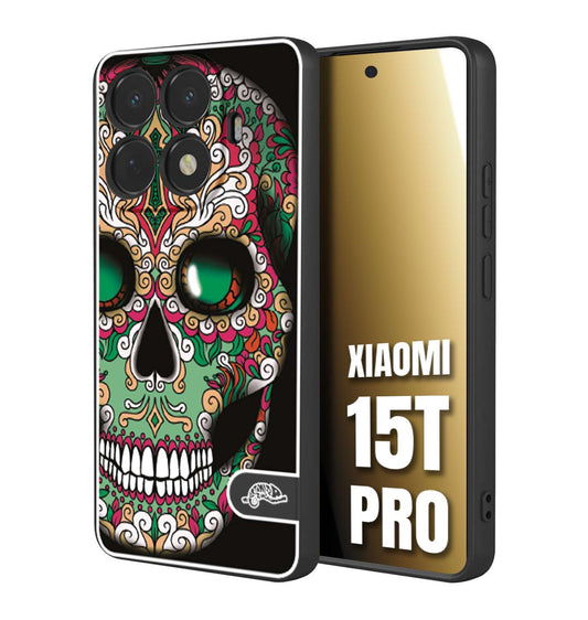 CUSTOMIZZA - Custodia cover nera morbida in tpu compatibile per Xiaomi 15T PRO teschio messicano Mexican skull verde fucsia