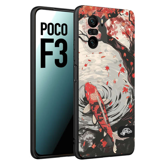 CUSTOMIZZA - Custodia cover nera morbida in tpu compatibile per Xiaomi Poco F3 giapponese lago carpa koi rossa con foglie d'acero rosso disegnata tattoo