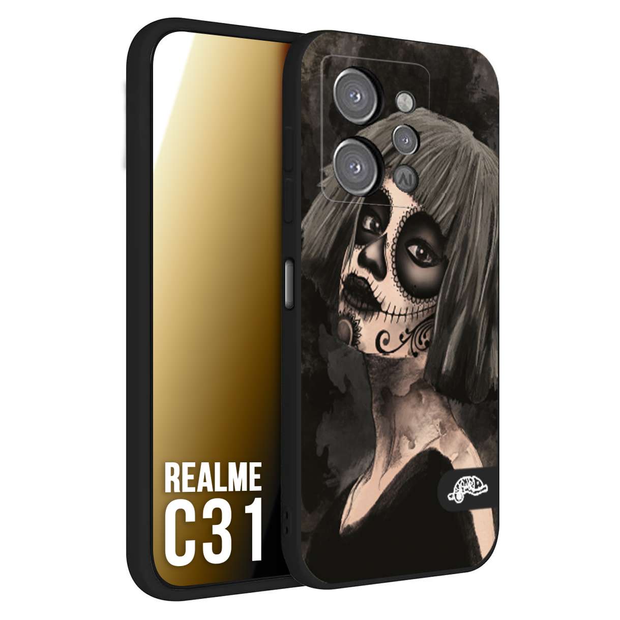 CUSTOMIZZA - Custodia cover nera morbida in tpu compatibile per Oppo Realme C31 chicana messicana dea de la muerte donna santa tattoo disegnata