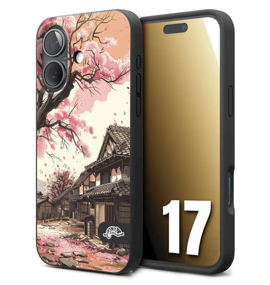 CUSTOMIZZA - Custodia cover nera morbida in tpu compatibile per iPhone 17 casa giapponese rosa ciliegio in fiore disegnata tattoo