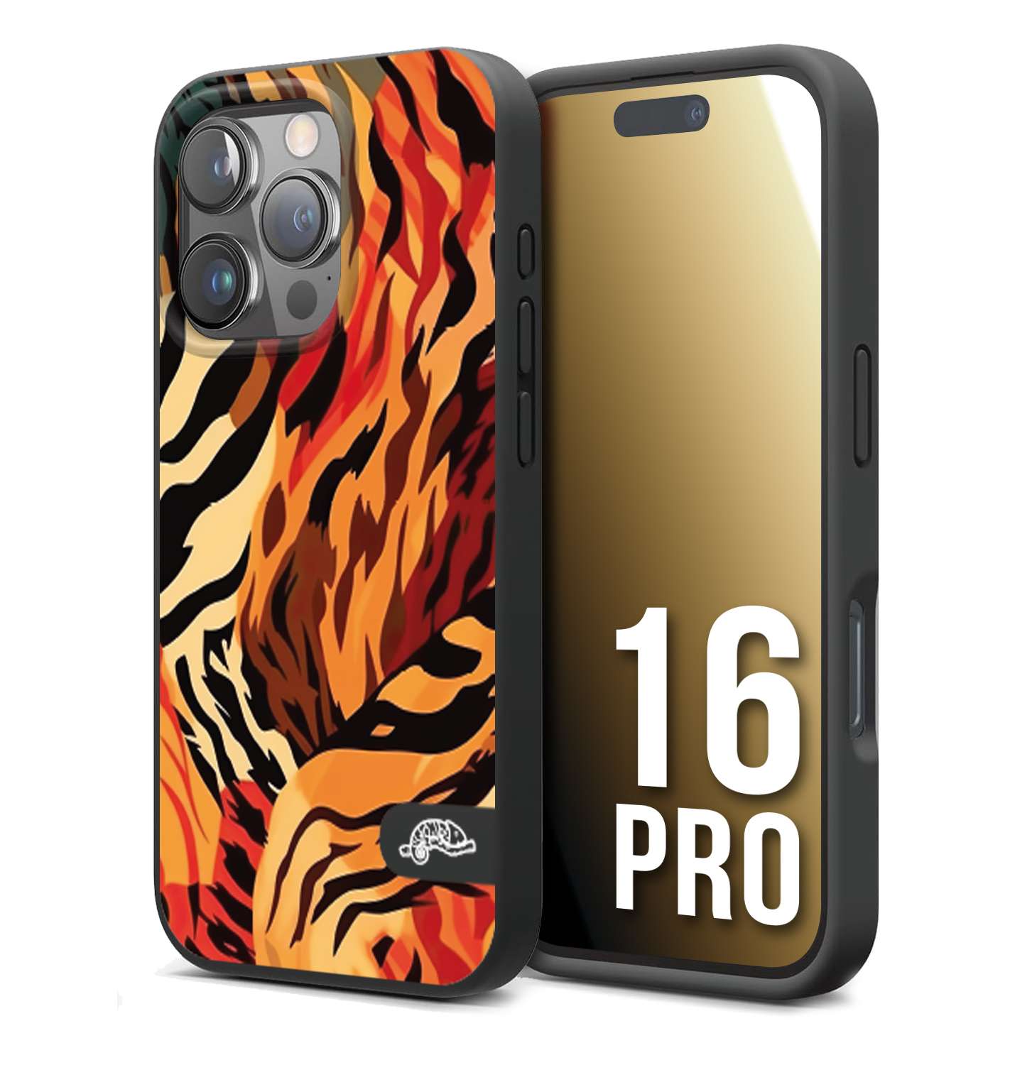 CUSTOMIZZA - Custodia cover nera morbida in tpu compatibile per iPhone 16 PRO leopardato maculato tigrato tiger colorata gialla rossa arancio