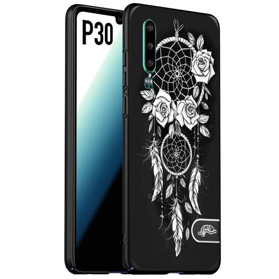 CUSTOMIZZA - Custodia cover nera morbida in tpu compatibile per Huawei P30 acchiappasogni dreamcatcher black and white bianco a rilievo disegnato tattoo tatuaggio