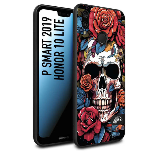 CUSTOMIZZA - Custodia cover nera morbida in tpu compatibile per Huawei P SMART 2019 teschio skull flowers fiori rose rosse tattoo disegnato