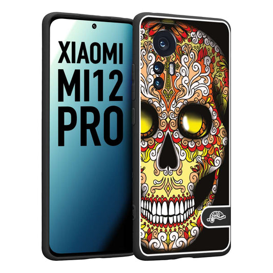 CUSTOMIZZA - Custodia cover nera morbida in tpu compatibile per Xiaomi 12 PRO teschio messicano Mexican skull giallo rosso arancio