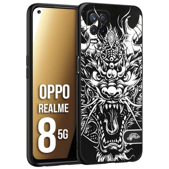 CUSTOMIZZA - Custodia cover nera morbida in tpu compatibile per Oppo Realme 8 5G drago black and white bianco a rilievo disegnato tattoo tatuaggio