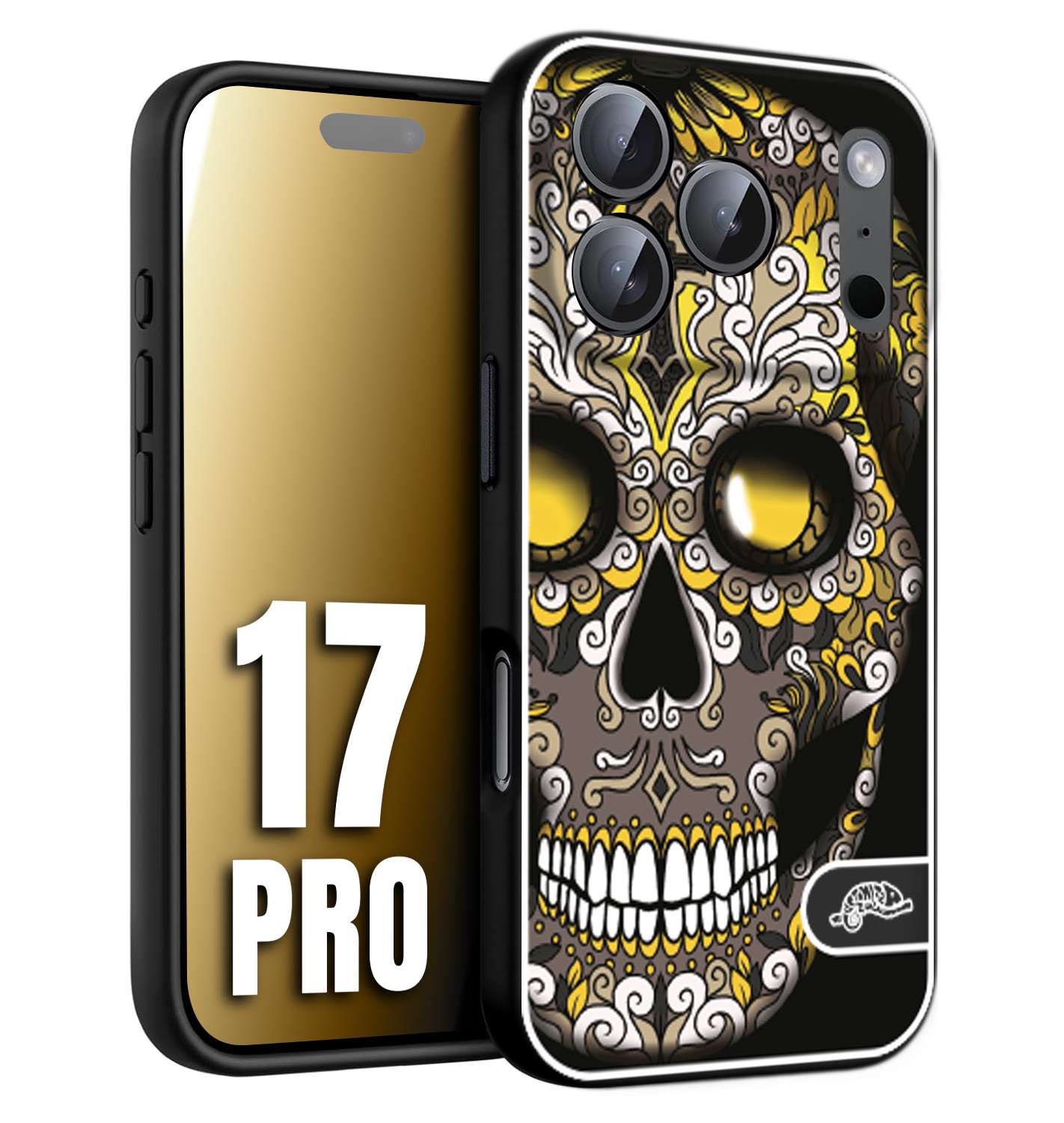 CUSTOMIZZA - Custodia cover nera morbida in tpu compatibile per iPhone 17 PRO teschio messicano Mexican skull nero giallo