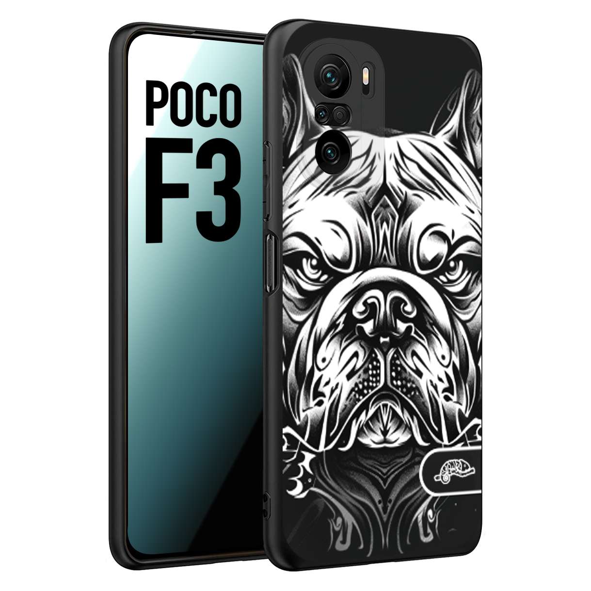 CUSTOMIZZA - Custodia cover nera morbida in tpu compatibile per Xiaomi Poco F3 bulldog bianco a rilievo disegnato tattoo tatuaggio