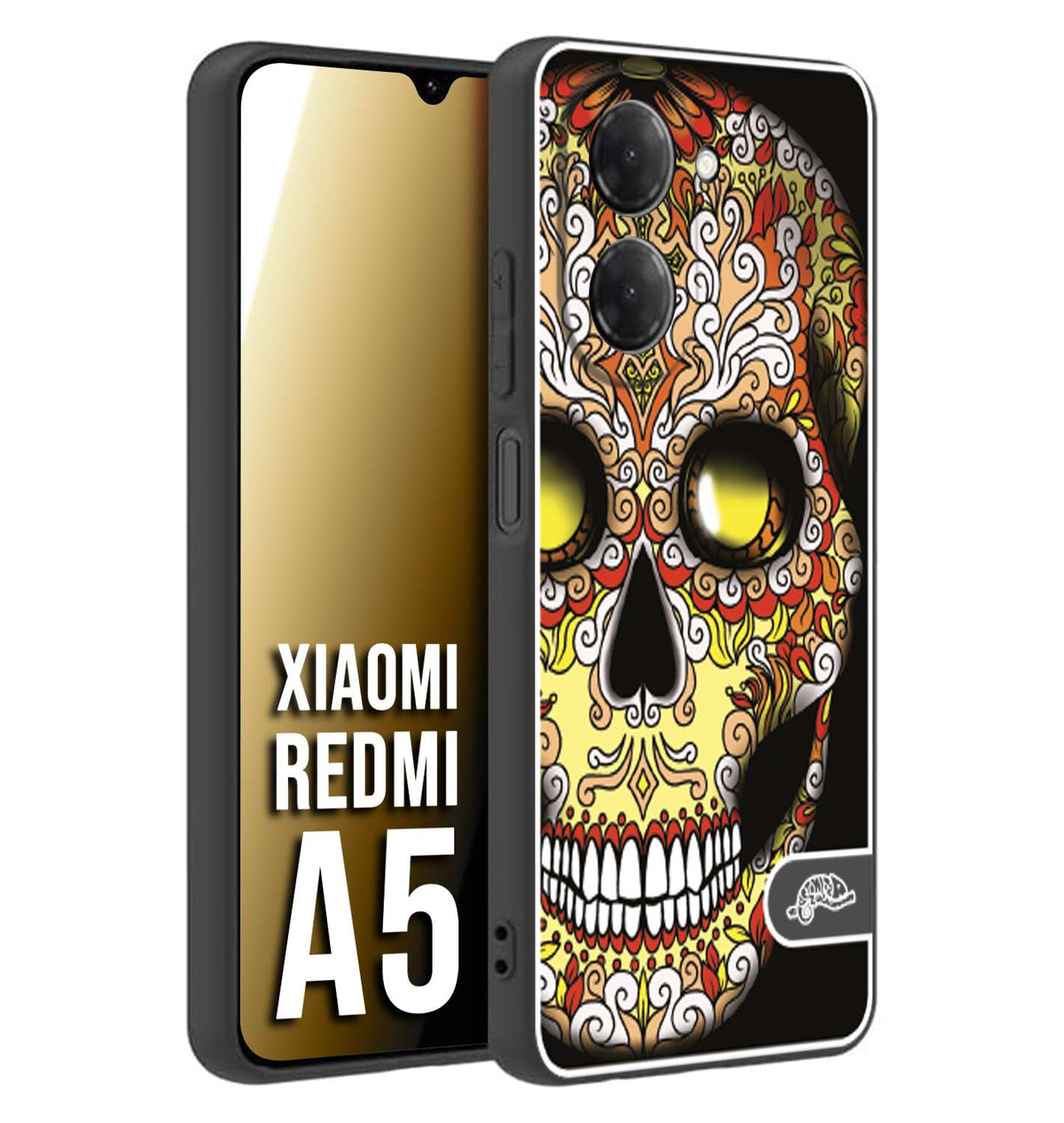CUSTOMIZZA - Custodia cover nera morbida in tpu compatibile per Xiaomi Redmi A5 teschio messicano Mexican skull giallo rosso arancio
