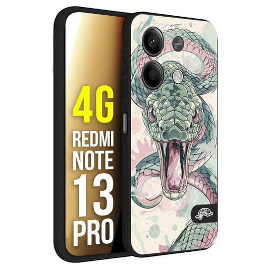CUSTOMIZZA - Custodia cover nera morbida in tpu compatibile per Xiaomi Redmi Note 13 PRO 4G snake pink green serpente tatuaggio tattoo disegnato a mano