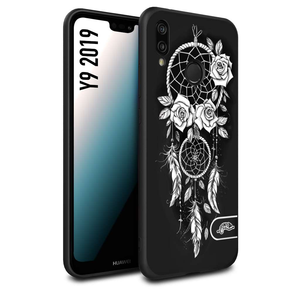 CUSTOMIZZA - Custodia cover nera morbida in tpu compatibile per Huawei Y9 2019 acchiappasogni dreamcatcher black and white bianco a rilievo disegnato tattoo tatuaggio