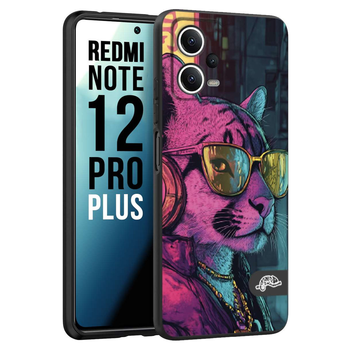 CUSTOMIZZA - Custodia cover nera morbida in tpu compatibile per Xiaomi Redmi Note 12 PRO PLUS animali cyberpunk pantera street cat fucsia blu giallo