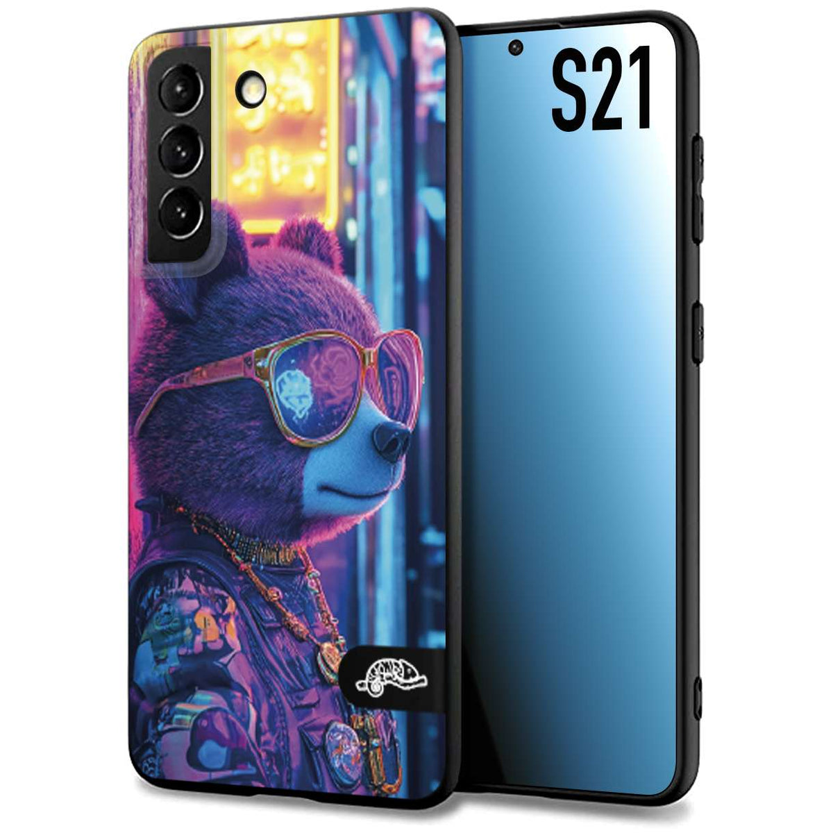 CUSTOMIZZA - Custodia cover nera morbida in tpu compatibile per Samsung S21 animali cyberpunk orsetto orso street bear fucsia blu night